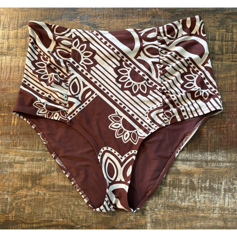 Aerie High Rise Bikini Bottoms Large Burgundy Floral Geometric Swim Bottom